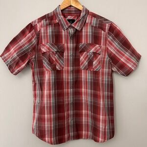 Prana Shirt Mens Large Red Plaid Organic Cotton Short Sleeve Western Snap Hiking